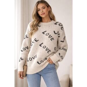 Pol Love Script Graphic Oversized Knit Sweater Cream Black Cozy Pullover Women M